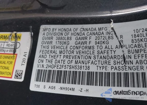 2025 Honda Civic Sport из США, поврежденный, VIN 2HGFE2F57SH538138